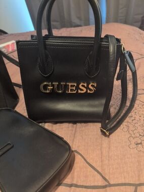 GUESS Black Mini Tote with Gold Logo Hardware